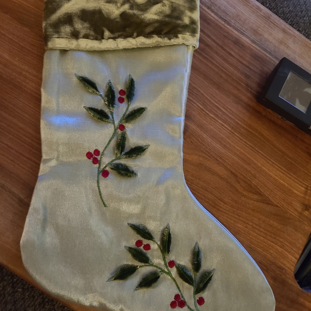 Christmas Stocking Satin And Velvet‎ With Embroidered Holly And Berries